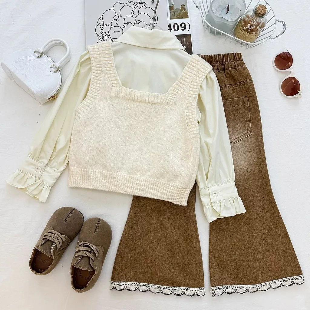 Girls' Autumn Fashion Pearl Bow Knitted Vest+ruffle Sleeve Shirt+lace Denim Bell Bottom Pants Three Piece Set Korean Version
