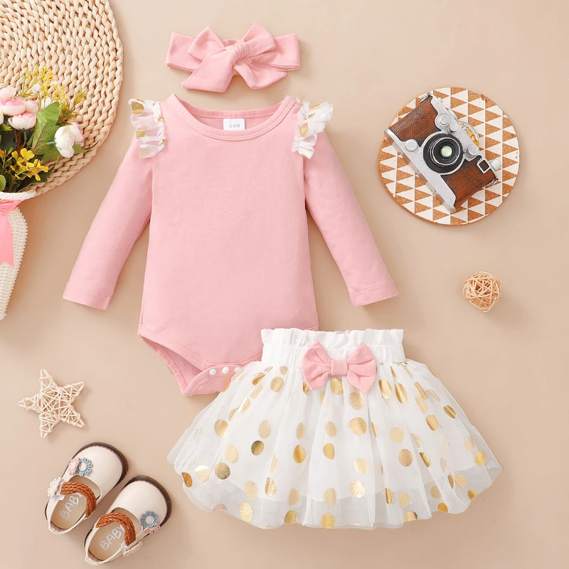 Spring and Autumn 2024 New Pink Long-sleeved Romper+Polka Dot Mesh Skirt, Two-piece clothes Set,Baby Girl Outfit Set,95% cotton