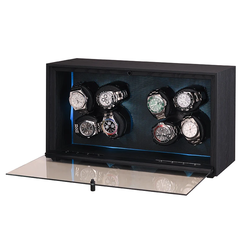 Embers Watch Winder 4 8 12 فتحات من الخشب الأسود الحبوب صندوق تخزين الساعات الأوتوماتيكية محرك Mabuchi مع ضوء RGB