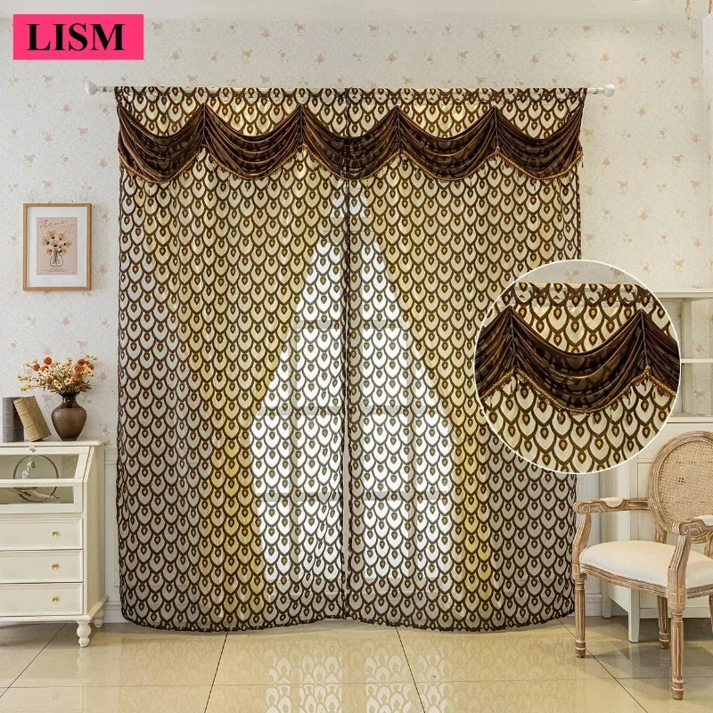 Light Luxury American Embroidered Gauze Double-layer Cloth Screen Blackout Curtains for Living Room Bedroom Lace Valance Custom