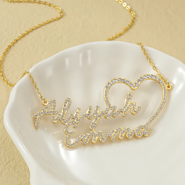 Custom Couples Script Name Necklace Personalized Iced Heart Pendant Stainless Steel Double Name Chain For Women Christmas Gift AliExpress