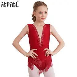 Kids Girls Gymnastics Leotard Sleeveless Fringed Bodysuit Rhinestones Tassel Figure Skating Dance Rhythmic Performance Costume