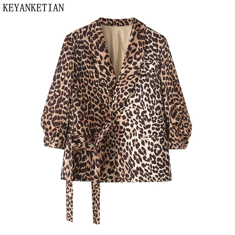 

KEYANKETIAN 2024 New Women's Leopard Print Suit Coat Autumn Retro style Asymmetrical Lace Up Pleated sleeve Top Female Outerwear