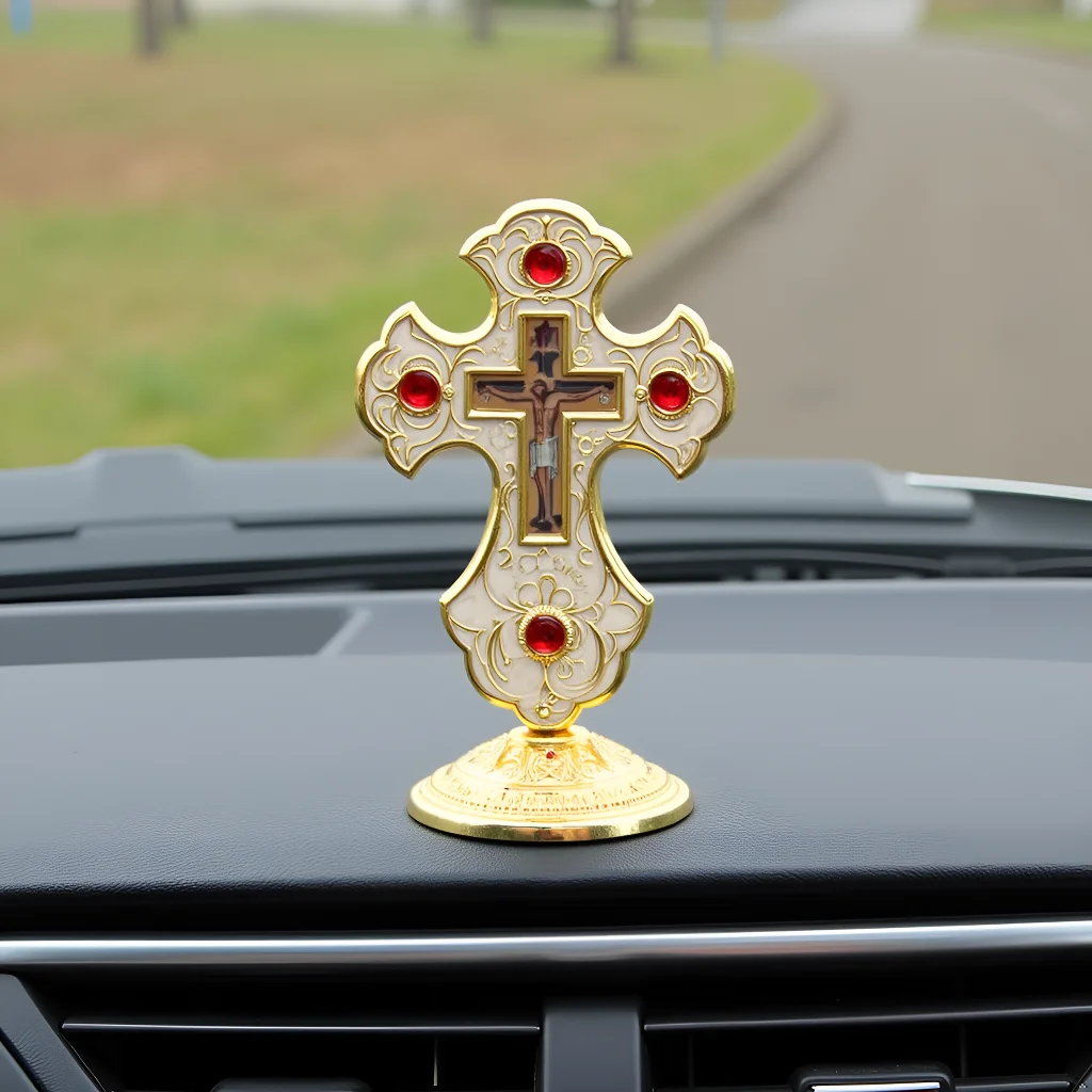 

HTISOK Eastern Orthodox crucifix Gold-plated Enamel Standing Cross for Home Prayer & Church Decoration Orthodox Church Cross