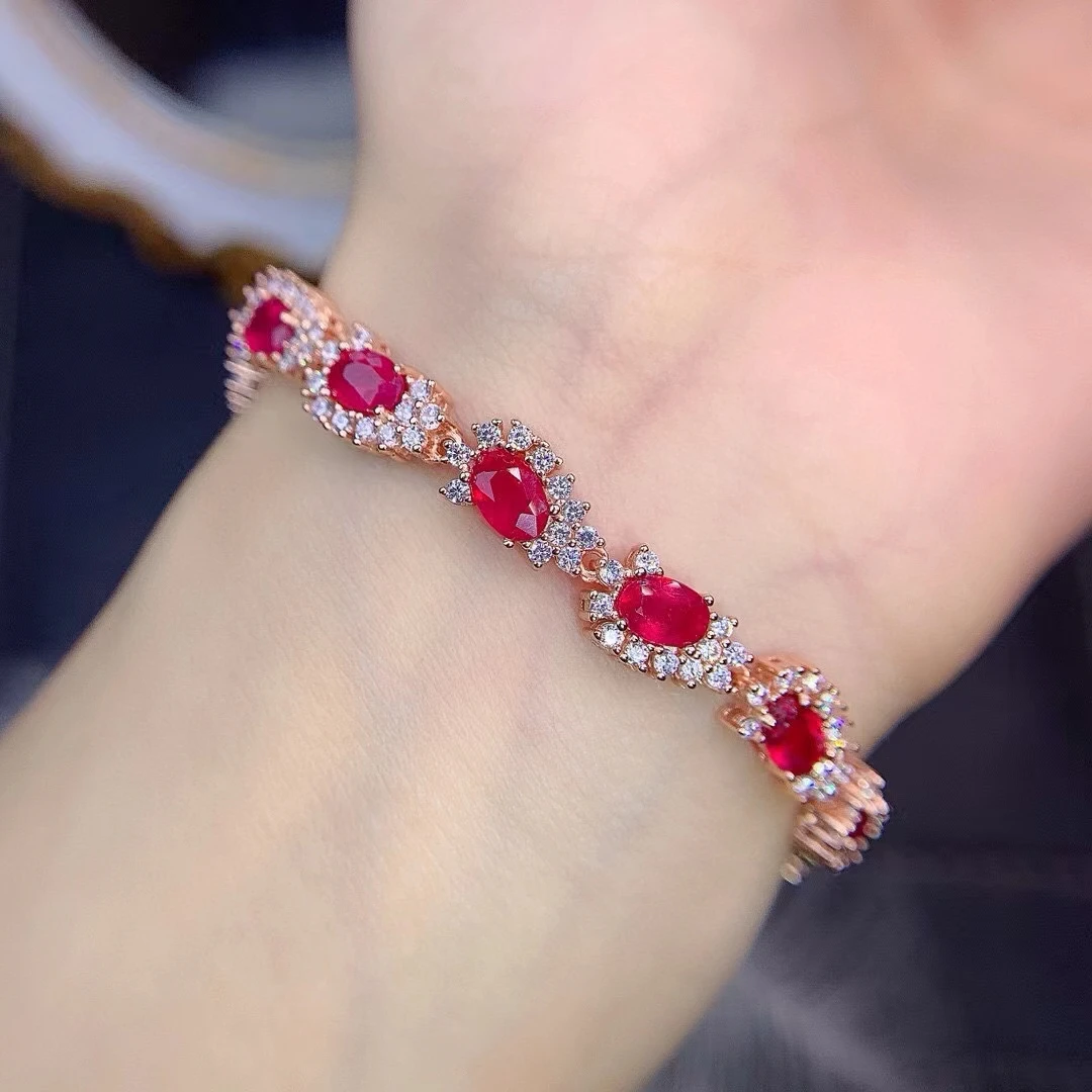 

KJJEAXCMY-925 Pure Silver Natural Ruby Gemstone Bracelet for Women, Girl's Party Jewelry, Birthday and Christmas Gift, New