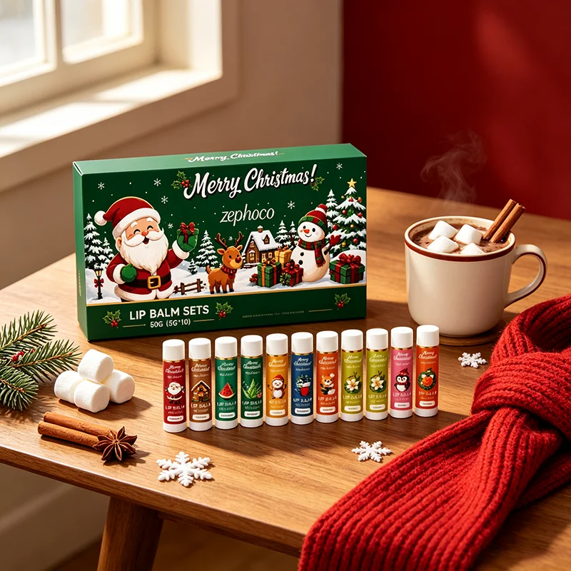 Christmas Lip Balm Set 10pcs Moisturizing Hydrating Nourishing Winter Lip Care Non Sticky Portable Lip Balms Holiday Gift Set