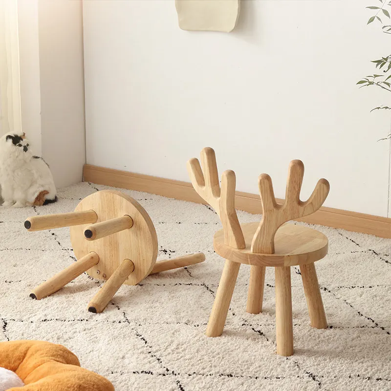 Solid Wood Kids Chair Cute Cloud Backrest Children Stool Household Creative Low Chair for Living Room