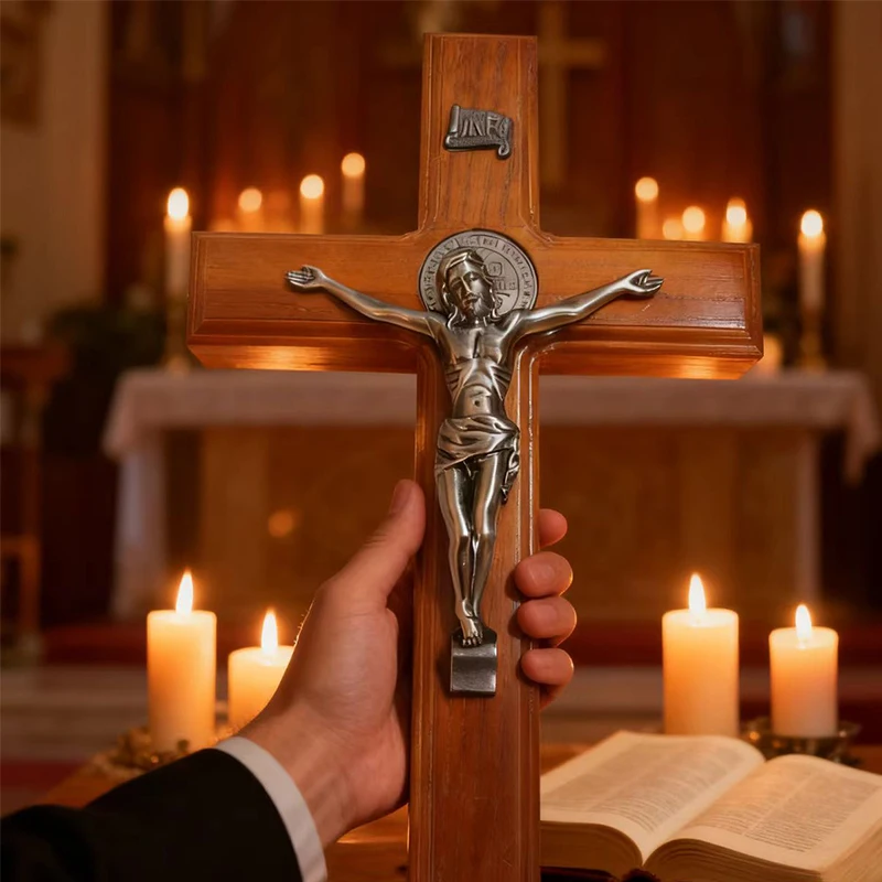 

New 2026 Catholic Wood Cross Jesus Crucifix St Benedict Medal Religious Car Decor Home Prayer Altar Christian Box Gift Handmade