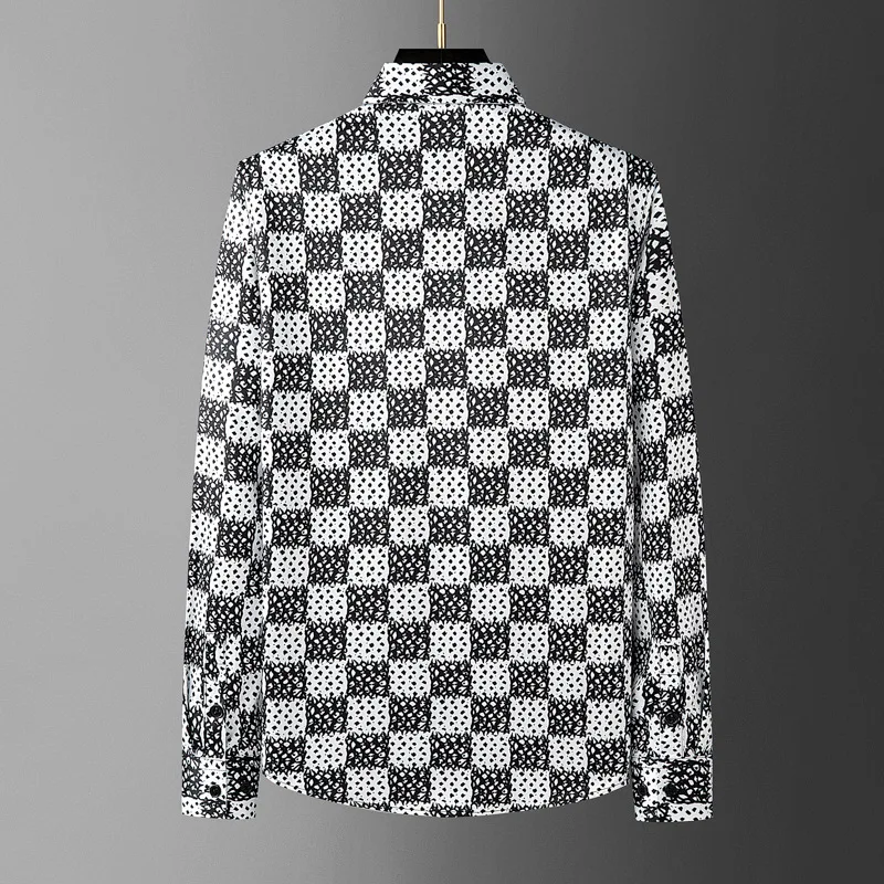 WVGA Spring New Man Fashion Long-sleeve Shirts Plaid Graffiti Pattern Design Trendy Wrinkle-resistant Non-iron Niche Tops W23442