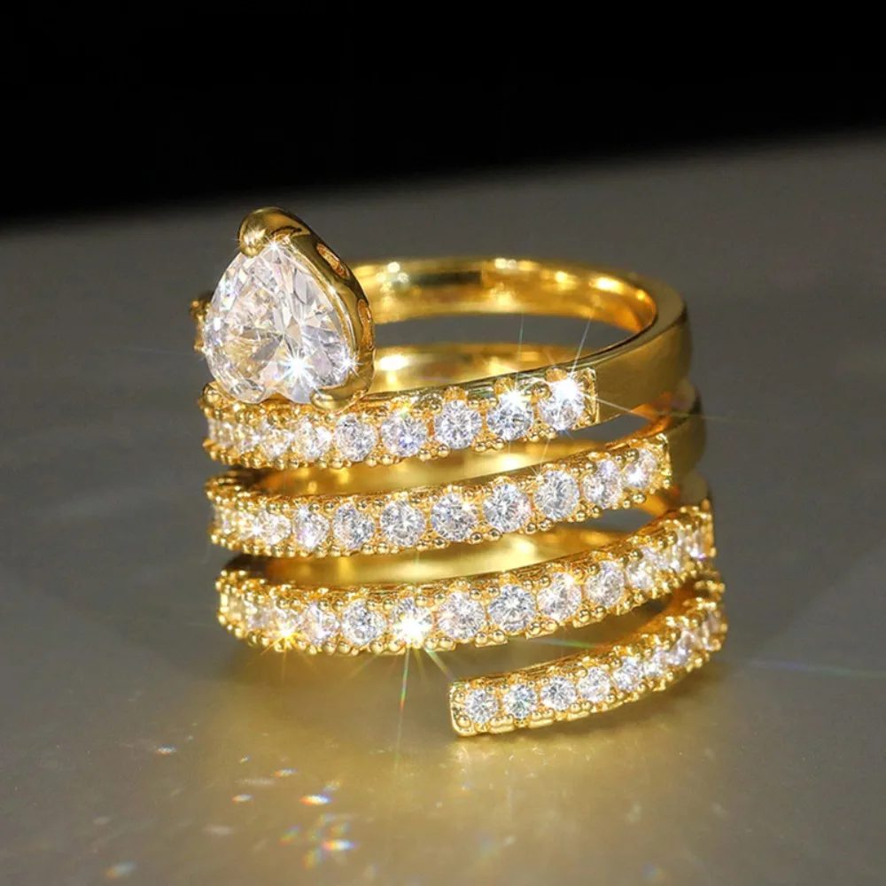Luxury Sparkle Gold Color 4 Layers Wrap Heart Cut 5A Zircon Stackable Rings for Women Fashion Statement Jewelry Colorfast Gift