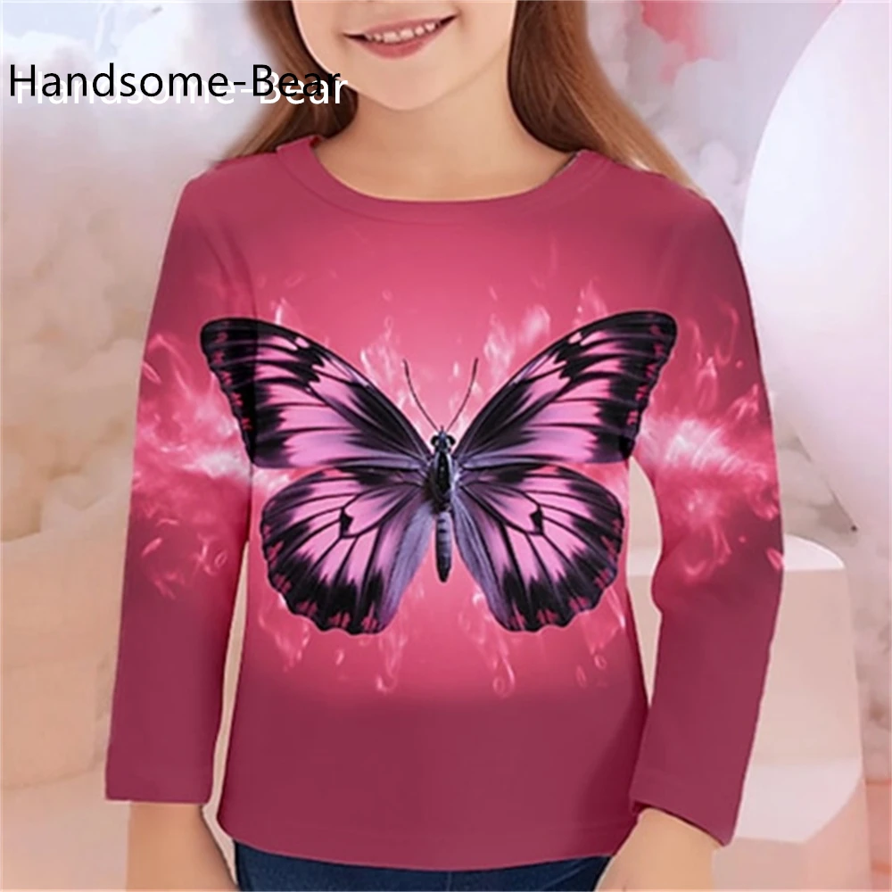 T-shirt à col rond imprimé papillon pour enfants, vêtements pour filles, t-shirts pour enfants, 2 à 8 ans