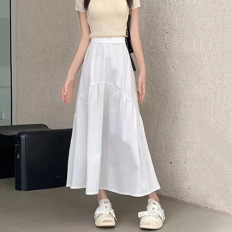 

Spring Summer Women Chiffon Skirts Vintage High Waist Elastic Patchwork White Black Chic Long Cake A-line Skirt for Student