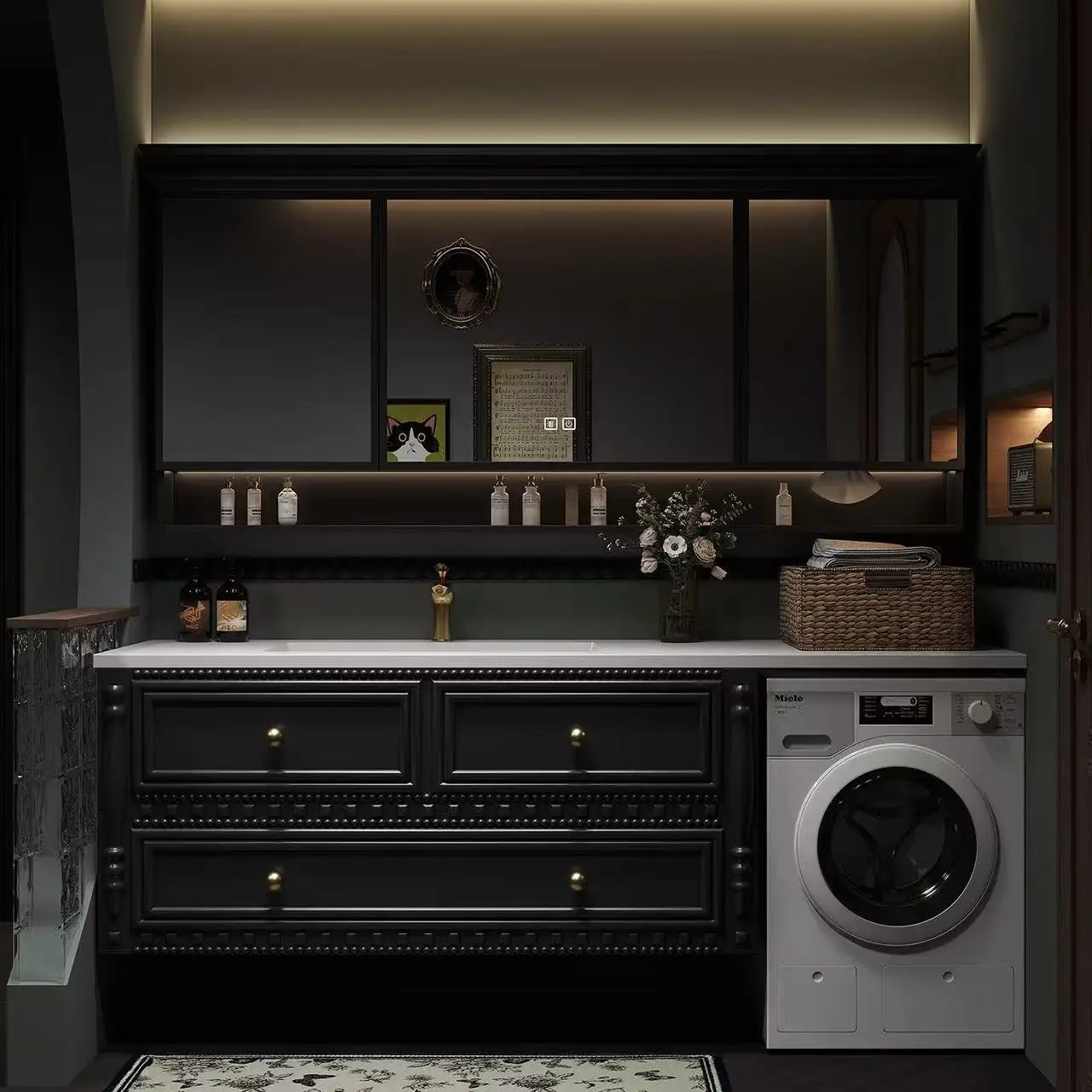 French oak balcony, washing machine, integrated bathroom cabinet, combined bathroom, rock slab washstand, hand basin.