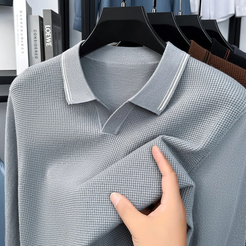 Sweter Rajut Kerah V Kecil Lengan Panjang Pria Merk High End, Warna Solid Model Waffle, Musim Gugur Musim Dingin, Tren Kasual Pakaian Pria Terbaru