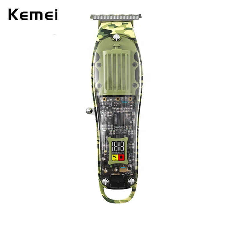 Kemei Detail Cordless 0mm Hair Trimmer Professional Rechargeable Electric Clipper Green Transparent Style LCD Digital Display