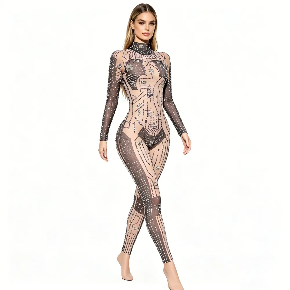 Sparkly Nude Mesh Rhinestones Jumpsuit Women Long Sleeve High Neck See-Through Bodysuit for Club Party Stage Performance Costume