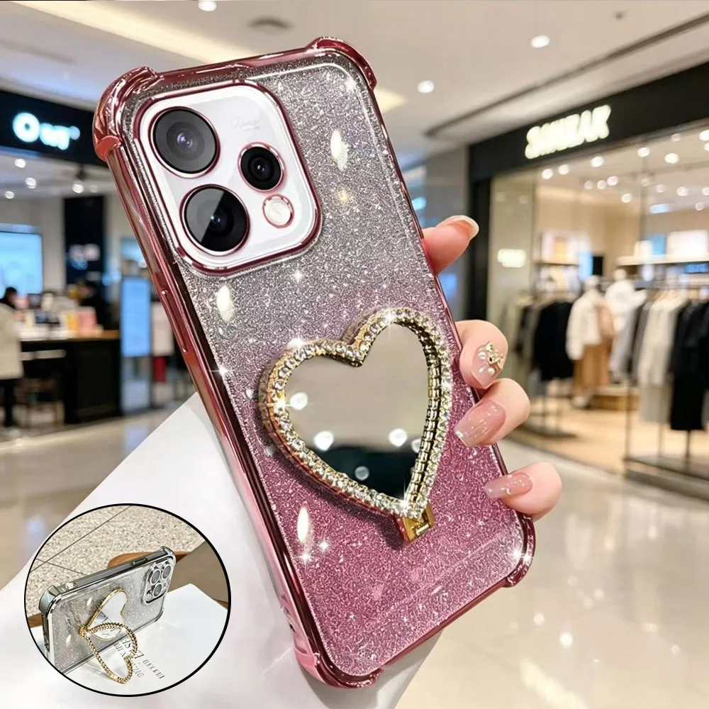 Coque de téléphone antichoc avec support miroir cœur pailleté pour OnePlus One Plus 15 15T 15R 13 13T 13R 12 12R 11 11R Turbo 6