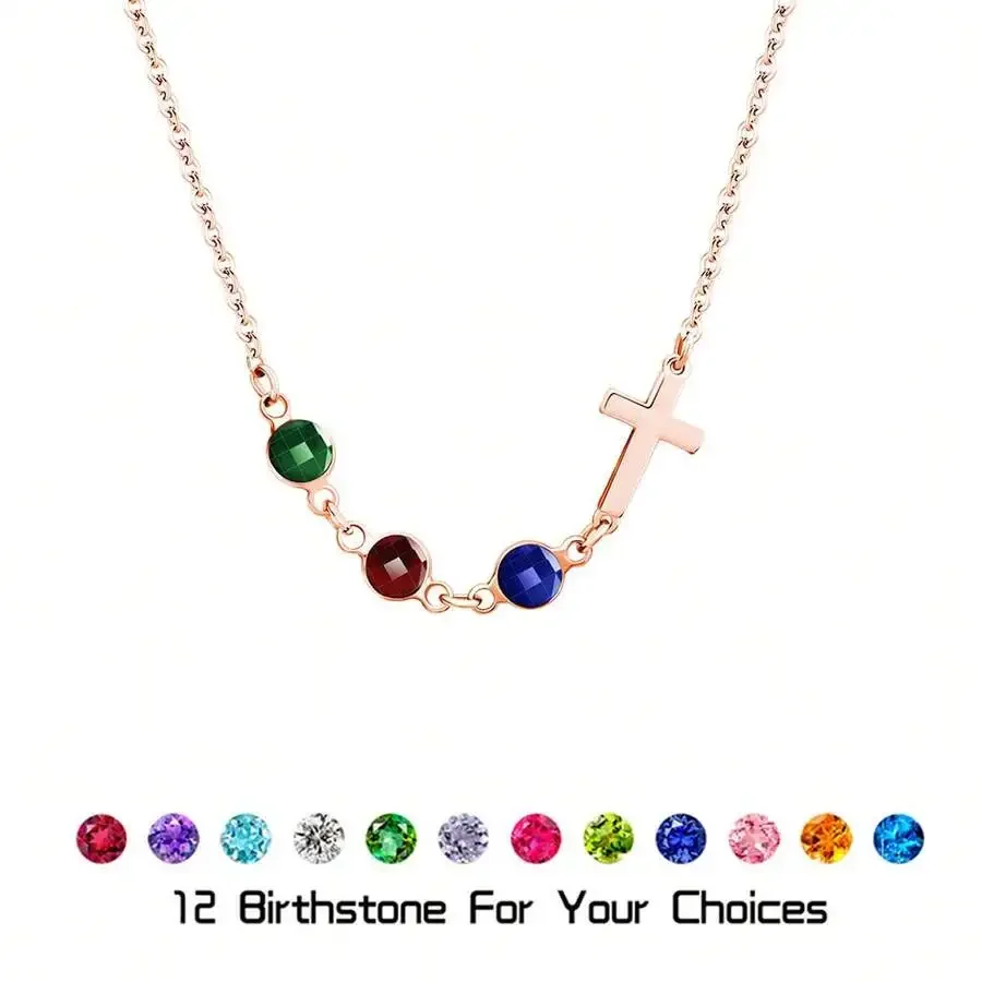 

Rose Gold Tone Cross Pendant Necklace With Birthstone Beads For Women