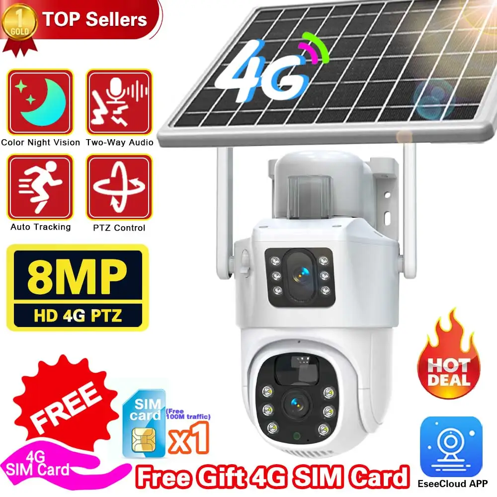 

Gift 4G SIM Card Wireless Solar Power Dual Screen Camera 4K 8MP Dual Lens Solar PTZ Camera Outdoor Waterproof 4g Solar Camera