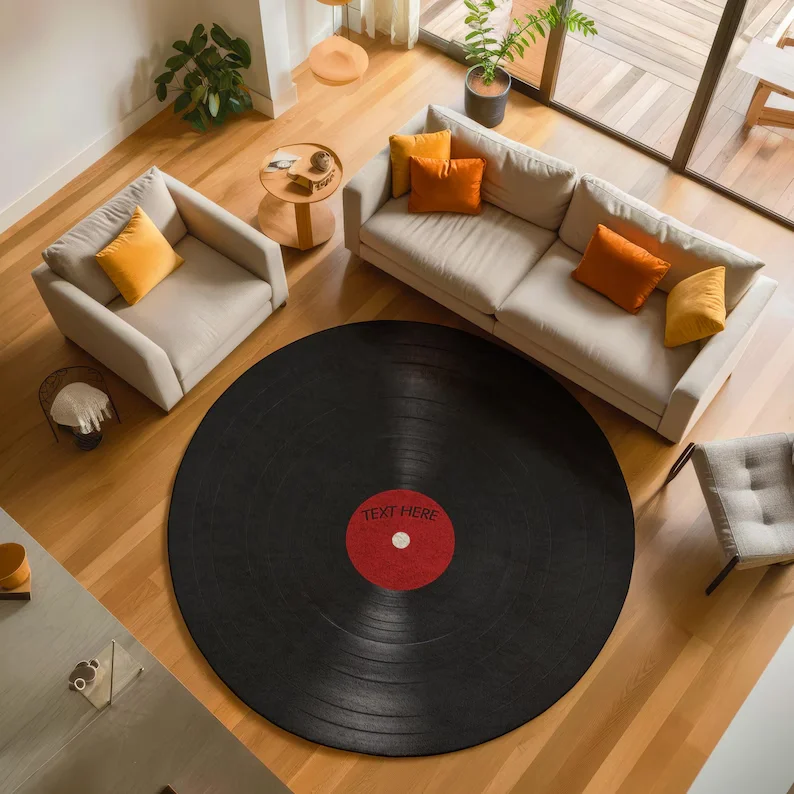 Gold Vinyl Record Round Rug, Retro Music Decor Carpet Computer Decor Cool Design Round Rug Washable and Non Slip Decoration