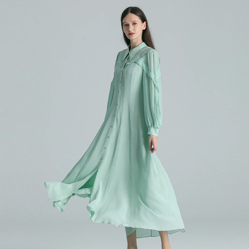 

Sky Green 100% Mulberry Silk Polo Collar Single Breasted Dresses Women Georgette Puff Long Sleeves Silk Elegant Dress AE1759