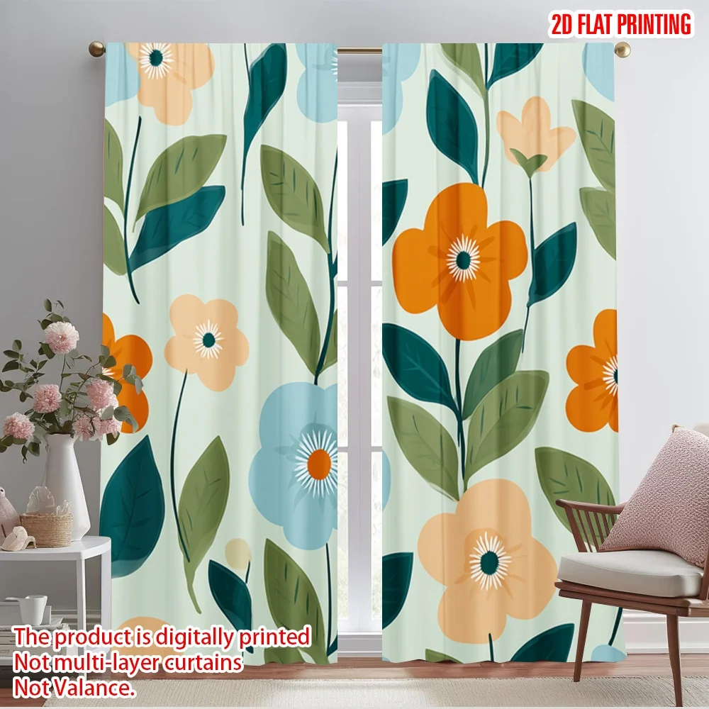 2pcs,2D plane printing Curtains Roller Blinds Retro Floral Blooms Versatile Polyester Fabric (without rod) Versatile All Ldeal