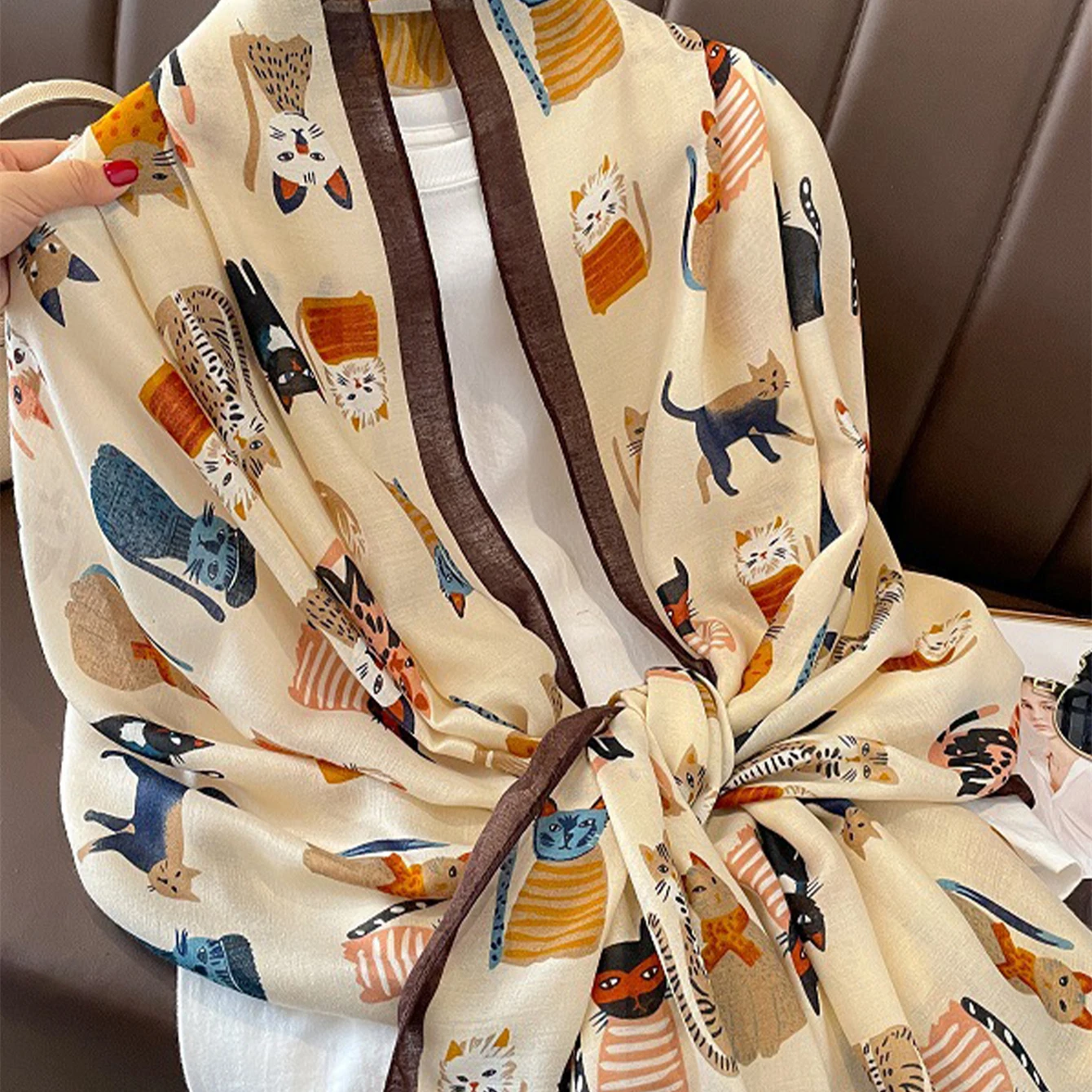 Women Printed Scarf Long Shawl Animal Luxury Fesigners Scarf Cute Cat Patterns Hijab Soft Viscose Hijab Women Floral Tippet