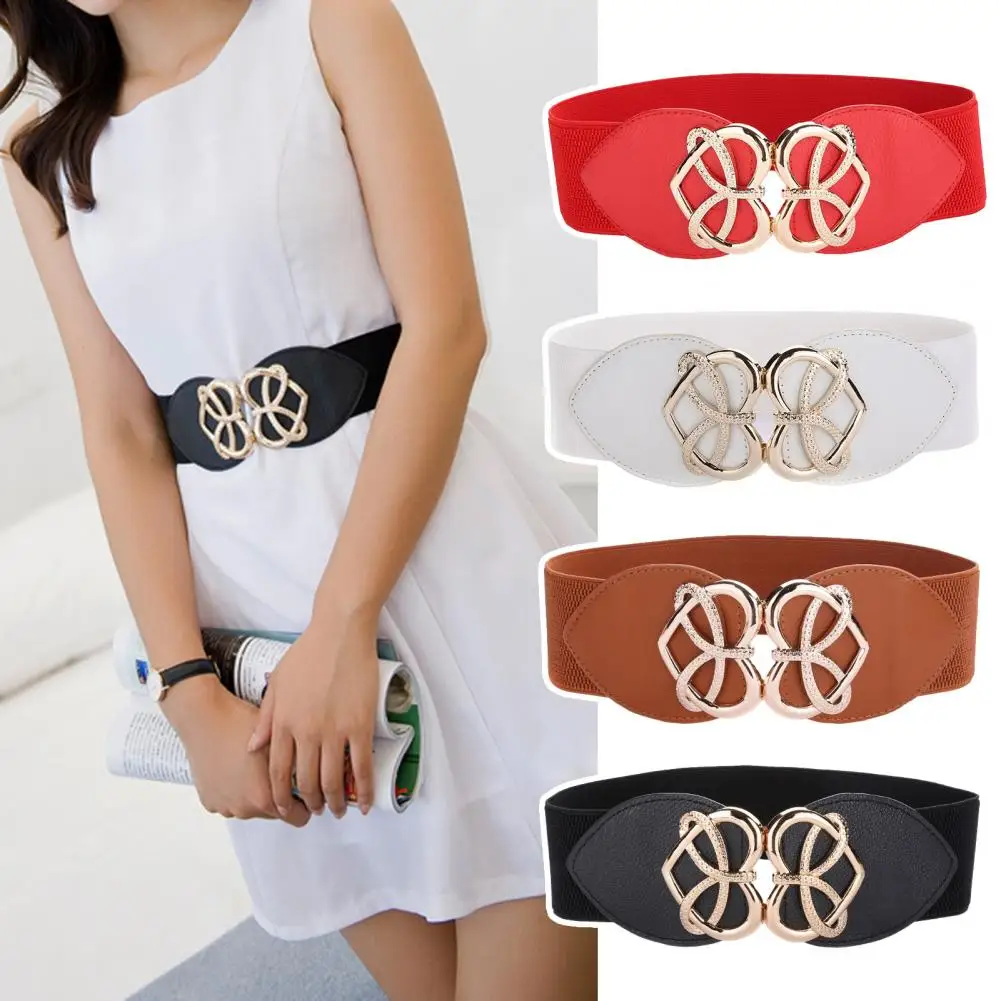 

1Pics Belts for Women Heart Buckle Elastic Faux Leather Waistband Versatile Cinched Belt Decoration Coat Sweater Fashion