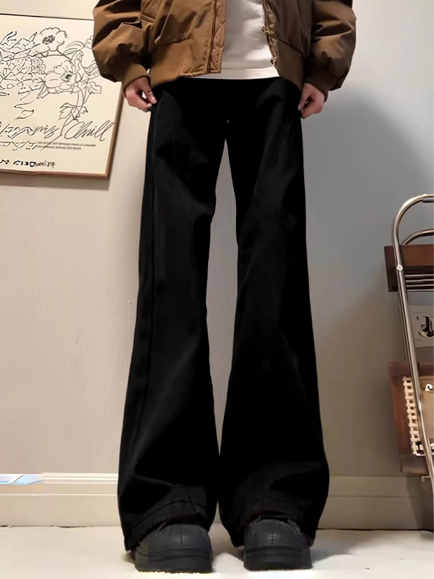 

Мужские джинсы-клеш с начесом, зимние, в американском ретро-стиле, с эффектом изогнутого кроя, с высокой талией, удлиненные, прямые брюки