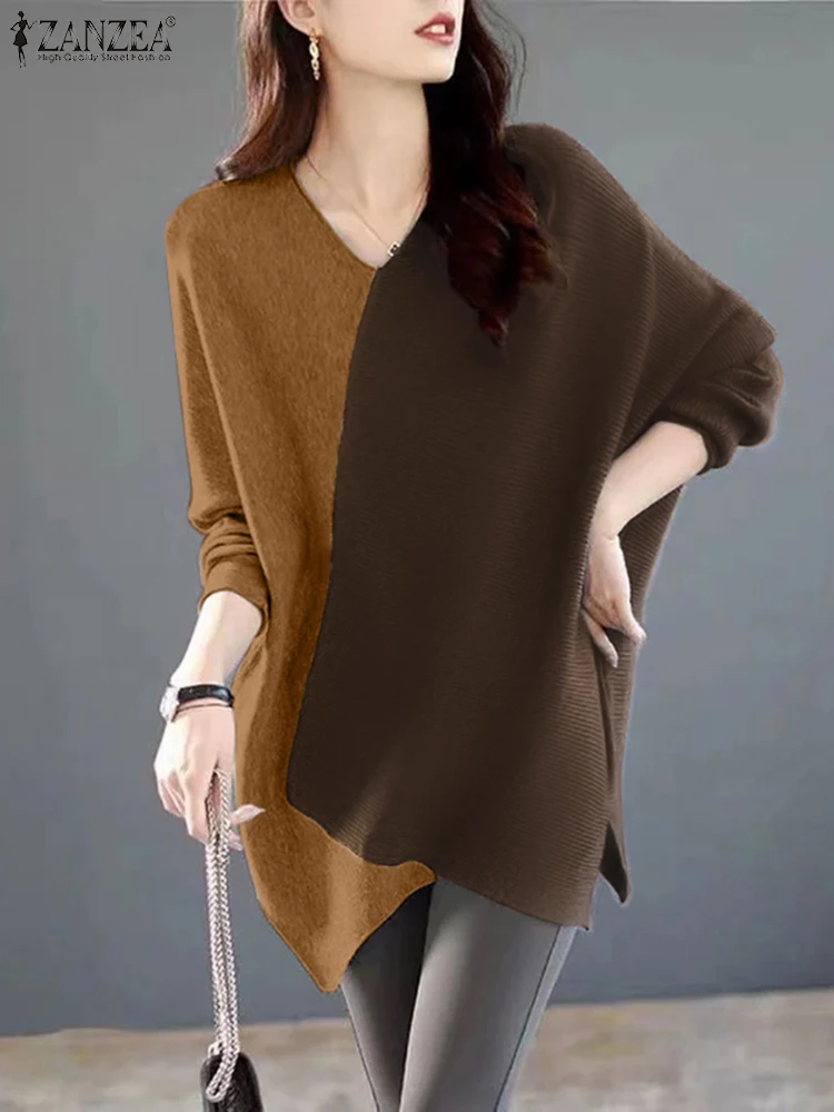 2025ZEA Vrouwen Mode Lange Mouw Blouse Vintage Onregelmatige Zoom Tops Colorblock Ronde Hals Tuniek Casual Losse Tees T-shirts