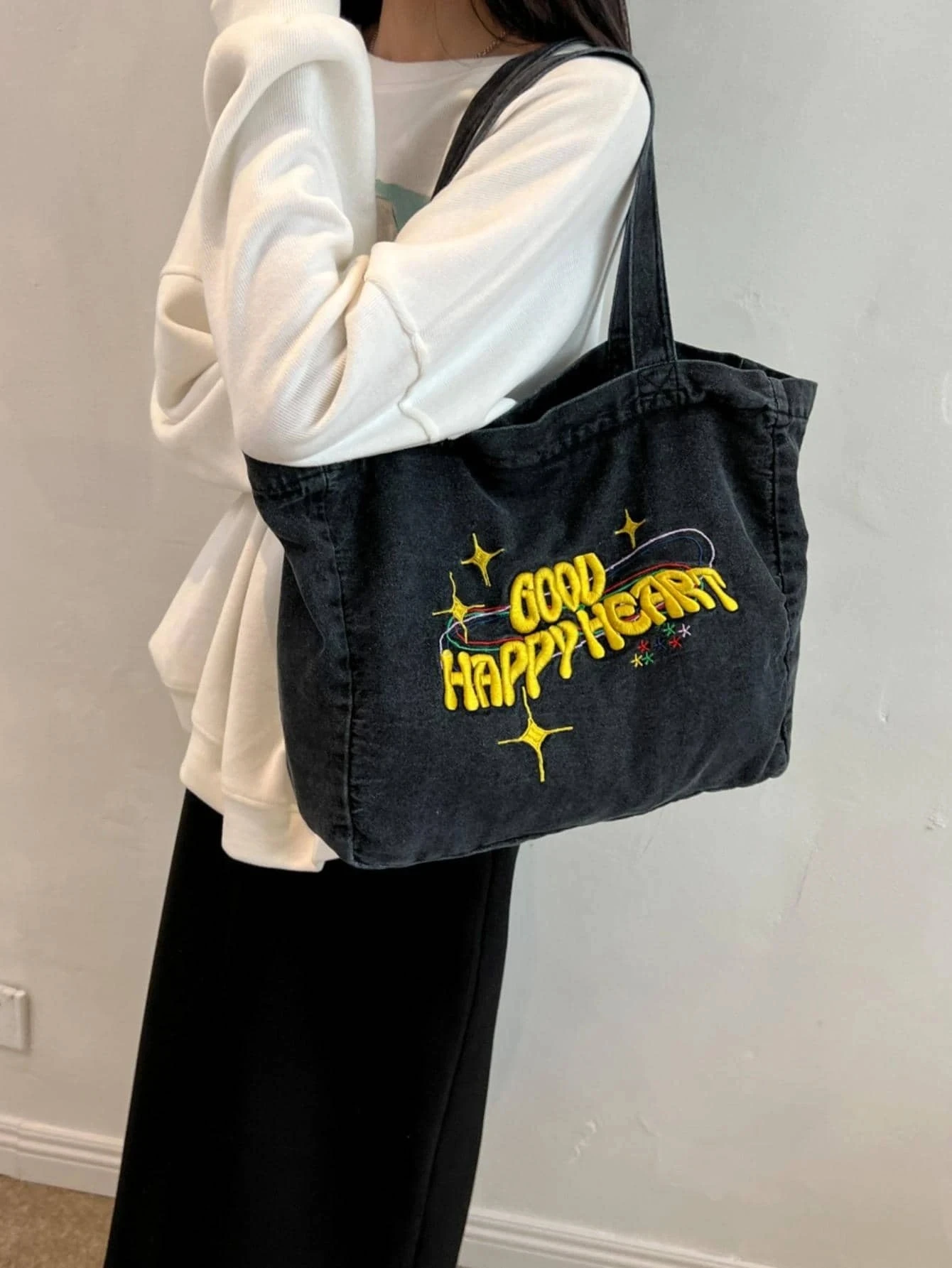 Trendy Denim Pattern Casual Travel Versatile Shoulder Tote Bag Star & Letter Embroidered Shopper Bag Fashionable Shoulder Bag