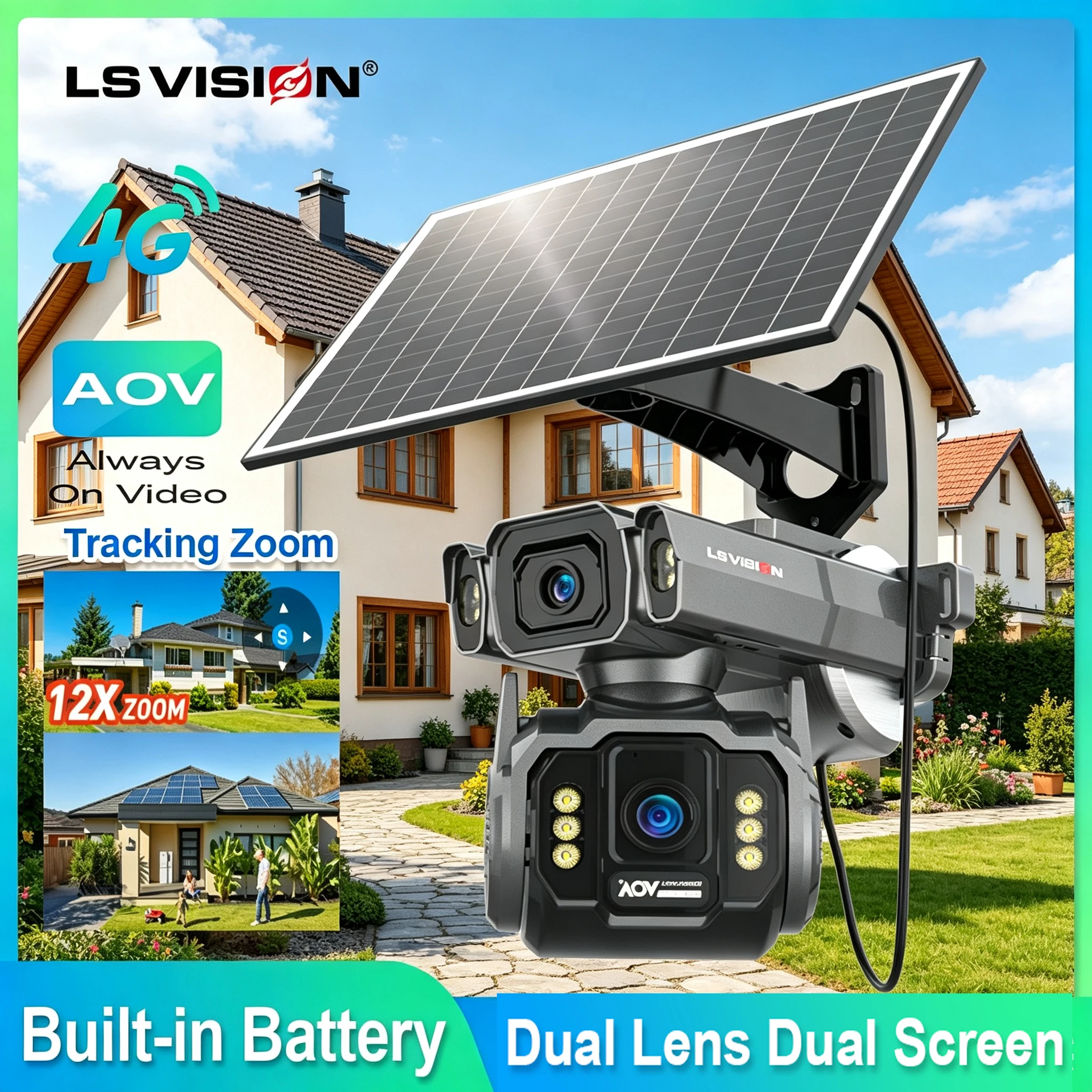 Caméras de surveillance extérieures LS VISION avec zoom 12x, 4G SIM, enregistrement de sécurité 24/7, double objectif, double écran, panneau solaire, détection humanoïde IA, suivi automatique du zoom, cloud intégré, SI