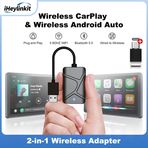 Imagen 1 del producto Adaptador inalámbrico iHeylinkit 2 en 1 CarPlay Mini Box Android Auto Dongle para Benz Audi Mazda Kia Toyota VW OEM Radio de coche