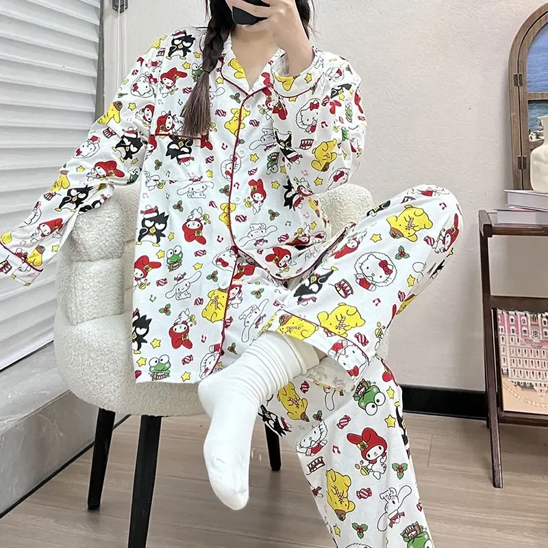 Sanrio Hello Kitty Silk Pajamas Women\'s Autumn Cotton Long Sleeve Casual Home Women\'s Pajamas Homewear Pajamas Pants Set