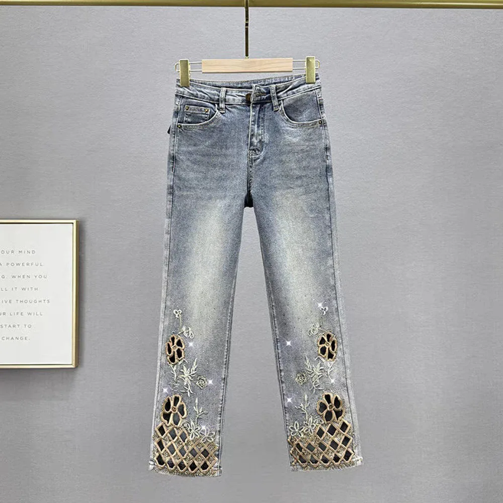 

Summer Luxury Hollow Out Diamonds Straight Denim Pants Women Elastic High Waist Cropped Jeans Floral Embroidery Trousers Ladies