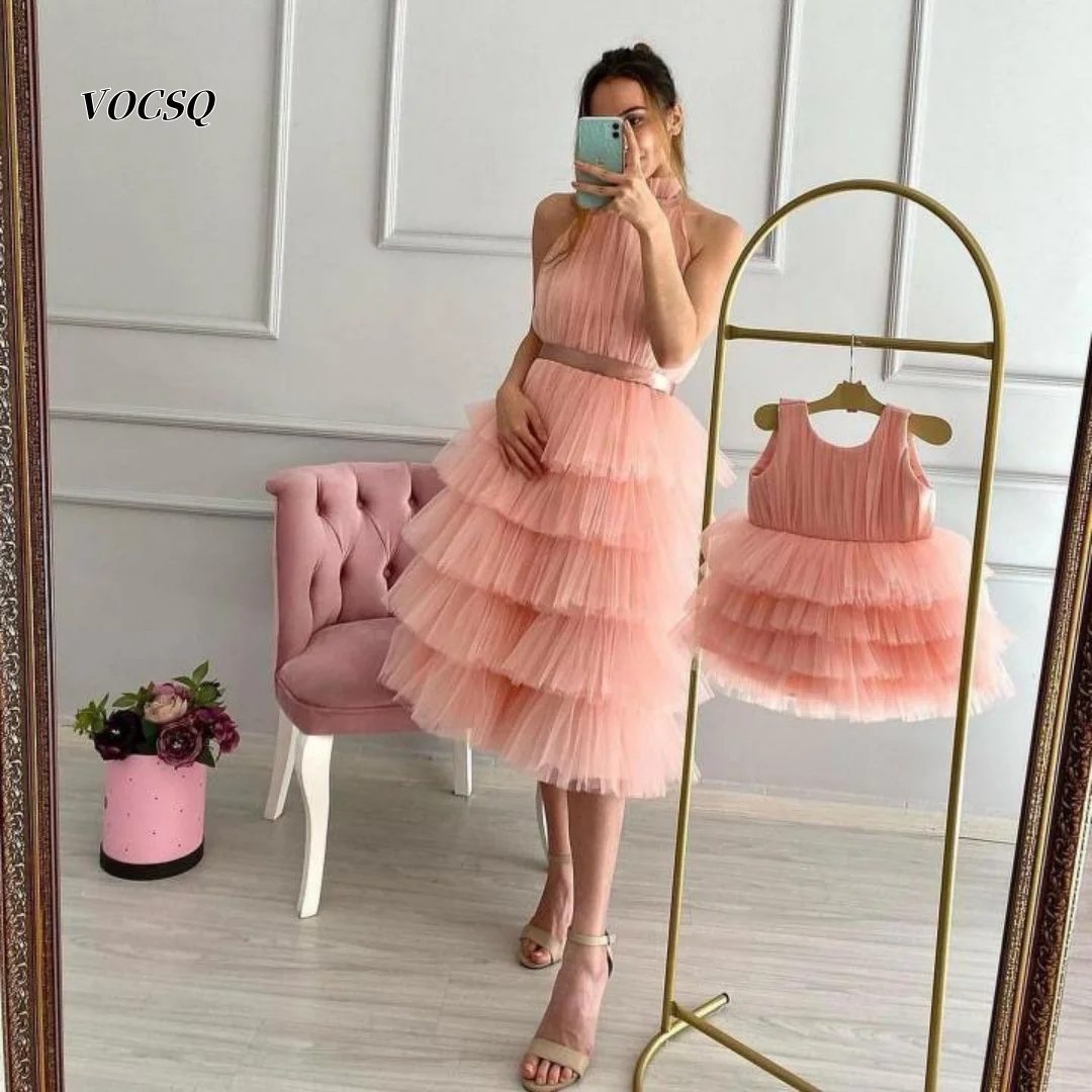 Flower Girl Dress Multi Layer Tier Tulle Sleeveless Short Dress Pink Kids For Banquet Baby Shower Wedding Guest EventsCustomized