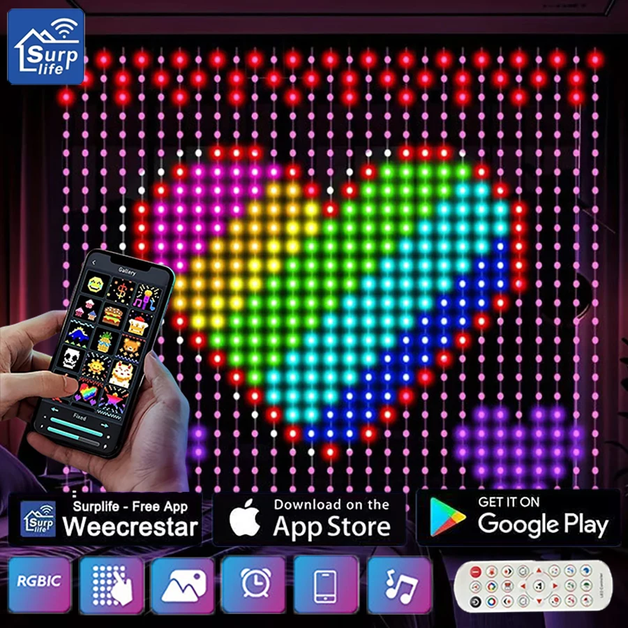 

Smart Curtain lights RGB LED Fairy Lights Bluetooth App Control for Bedroom Window Decoration Valentine's Birthday Celebration