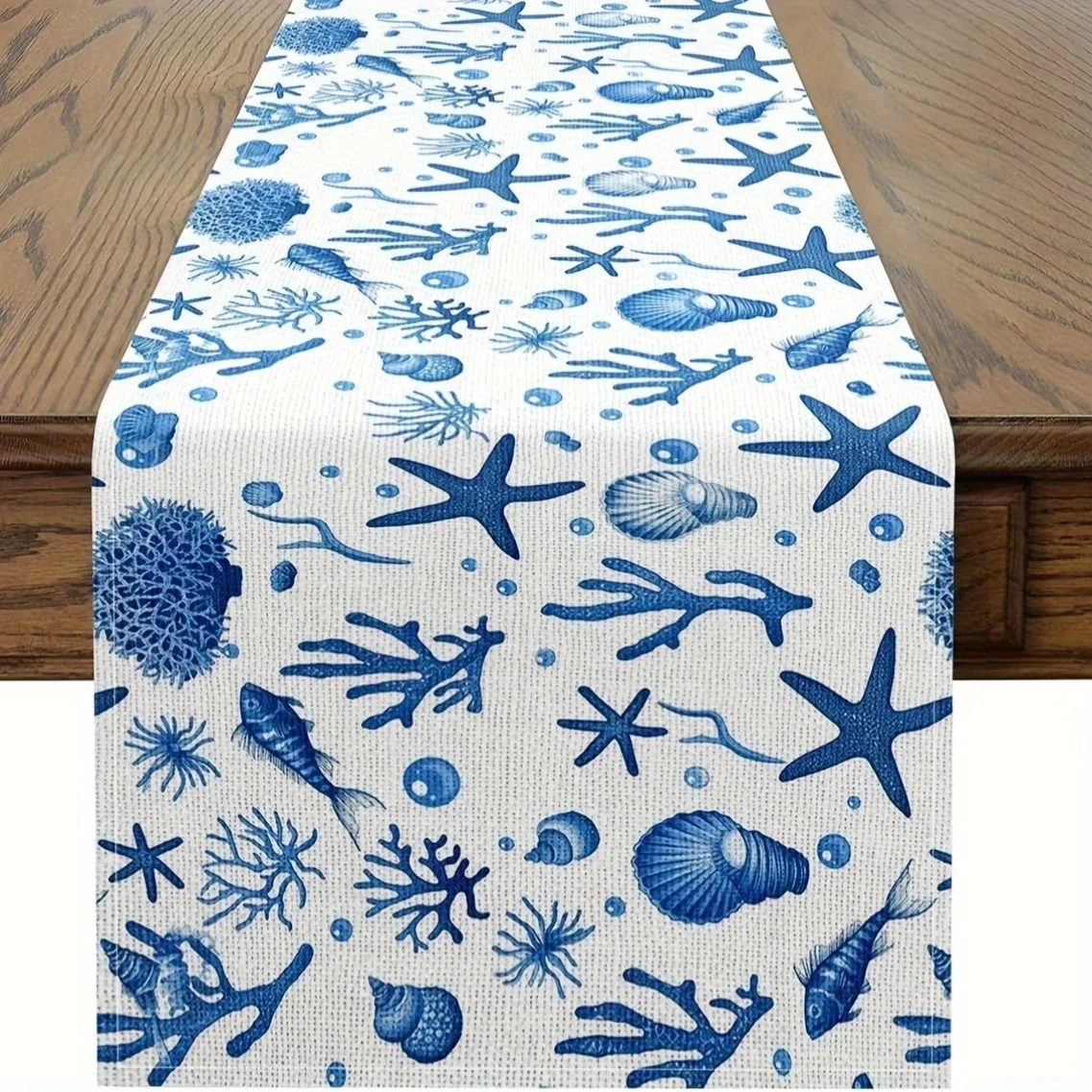 

Blue Ocean Linen Table Runner Home Decorations Summer Ocean Underwater Starfish Seashells Coral Dining Table Runners Party Decor