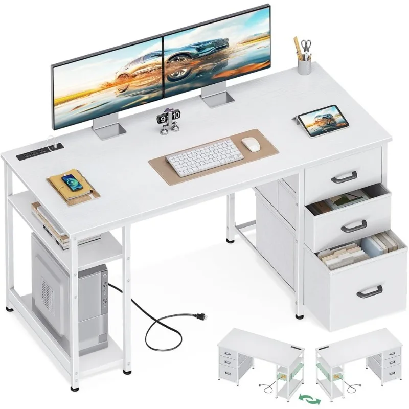 

51 Inch Computer Desk with Drawers and USB Power Outlets Reversible Home Office Desk with Storage Shelves Study Writing Table