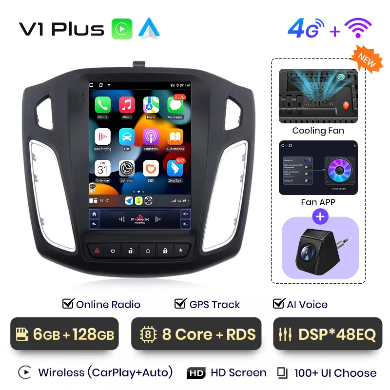 Junsun 9.7'' Tesla-stijl Android autoradio voor Ford Focus 3 MK 3 2011-2019, draadloos Apple CarPlay, IPS-scherm, stereo multimediaspeler, auto smart intelligent systeem, 2-DIN autoradio head unit,