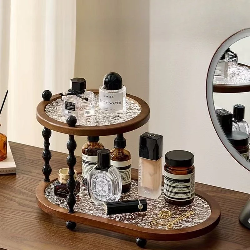 Luxury 2 Tier Wooden Cosmetic Organizer Acacia Wood Makeup Storage Rack Retro Glass Tray Perfume Display Stand Home Decor