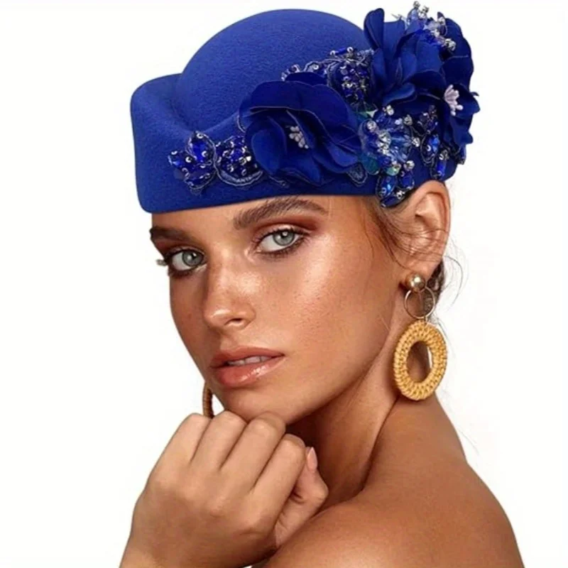 New Style, High-End, Elegant, Vintage Felt Turban Hat for Women, Church Derby Headwear with Floral Design, Soft Women's Beret, Available in Multiple Colors, Exquisite Workmanship, Unique Design, Suitable for Parties, B