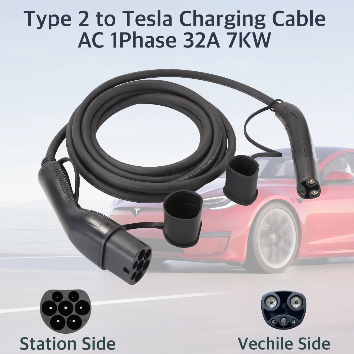 EVcharger4U IEC62196-2 Type2 To Tesla NACS EV Charger Cable 4M 1Phase 32A 7KW for US Made Model 3 Y X S on Public AC Charging