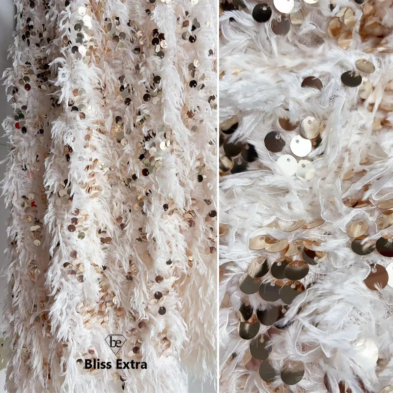 Champagne Sequin Feather Lace Fabric for Clothing Decoration DIY Sewing Material Backdrops Curtain Formal Evening Gown Fabric