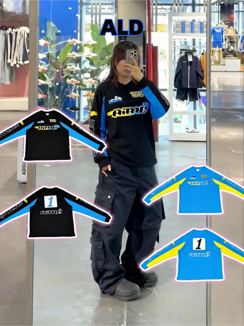

American Style Mesh Waverunner Motorcycle Racing Long Sleeve Women's T-shirt Loose Fit Cotton round Neck Letter Pattern