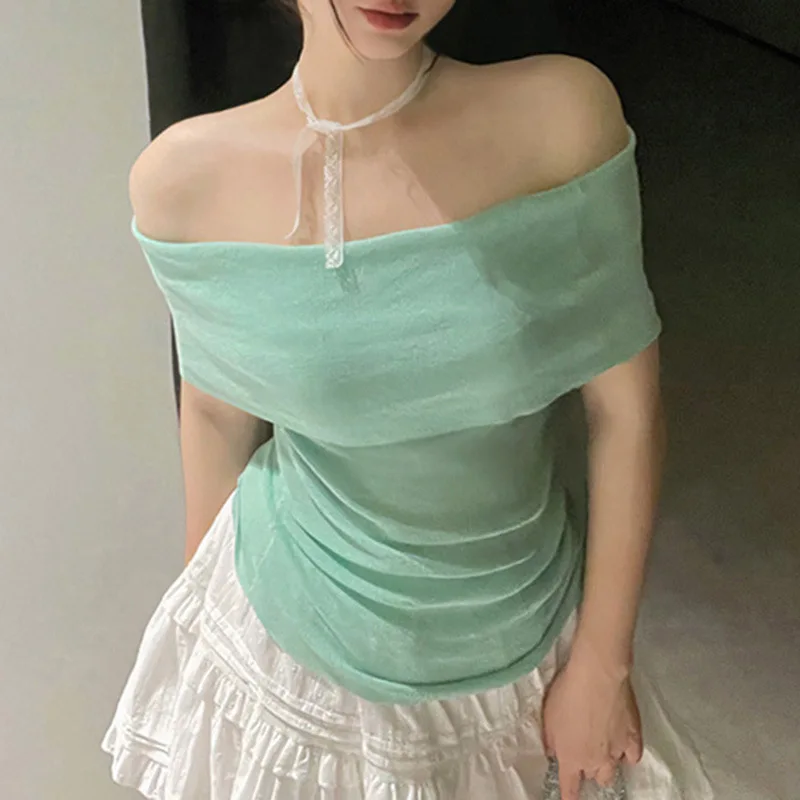 

Gentle Style Flip-on One-length Neckline Light Solid Color Top Girl Fresh Waist Slim and Sexy Off-shoulder Short Sleeves