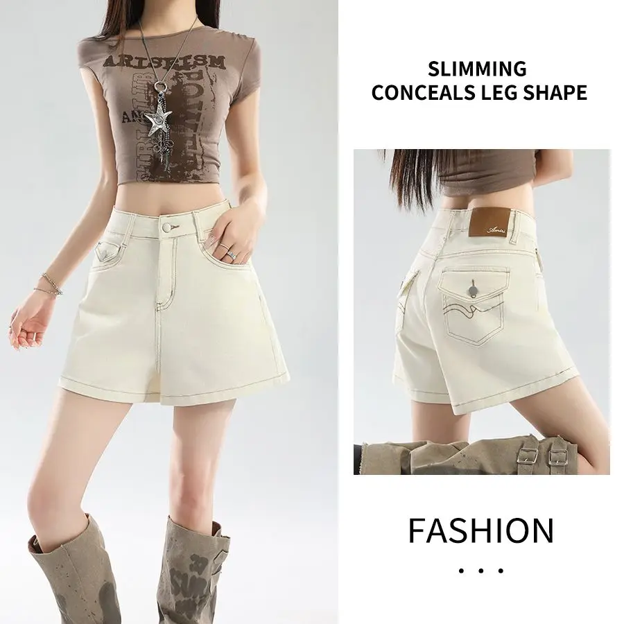 

High Waisted Off-white Embroidery Jeans Shorts Summer Casual A-line Denim Shorts Feminino 2026 Fashion