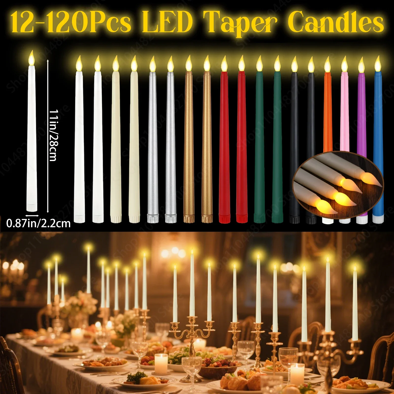 12-120Pcs LED Flameless Electronic Candles Wedding Flickering LED Candles LED Taper Candles Wedding Party Church Festival Decor