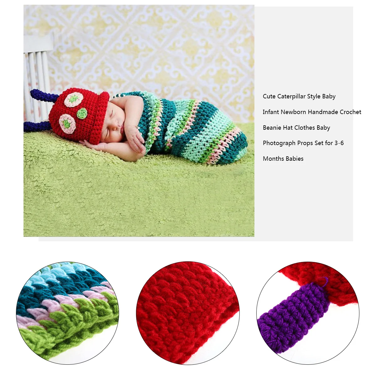 

Crochet Cotton Baby Hat Clothes Set for 3-6 Months Caterpillar Newborn Costume Handmade Breathable Elastic Wear for Photography