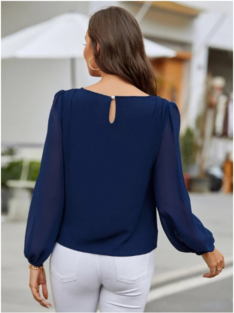 Camisa elegante informal de manga larga con cuello redondo para mujer, Top de estilo de desplazamiento de otoño para oficina, Color sólido, moda de venta al por menor